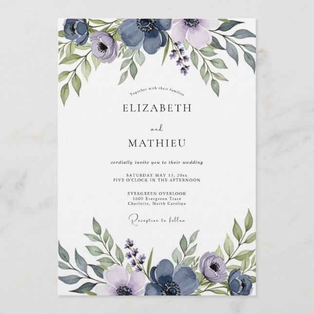 Invitation Mariage Floral Artistique Bleu Ardoise (Devant)