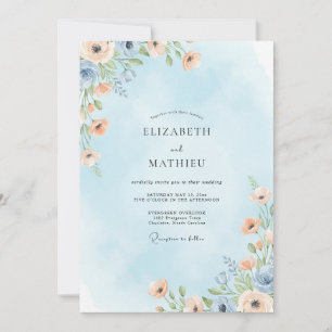 Invitation Mariage Floral Artistique Bleu Ciel