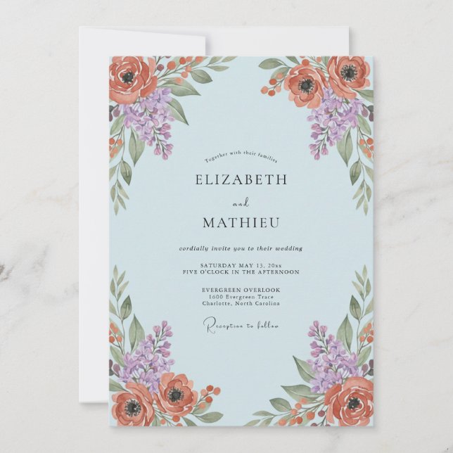 Invitation Mariage Floral Artistique Bleu Clair (Devant)