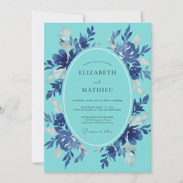 Invitation Mariage Floral Artistique Bleu Sarcelle (Devant)