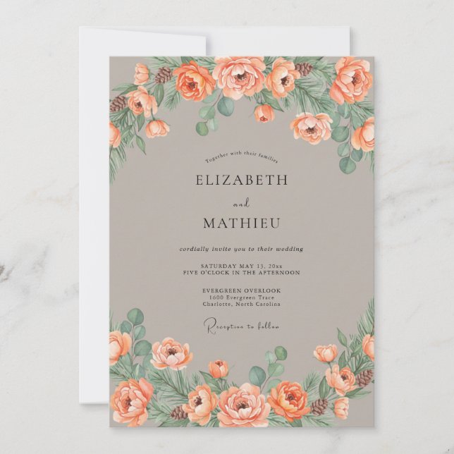 Invitation Mariage Floral Artistique Corail (Devant)