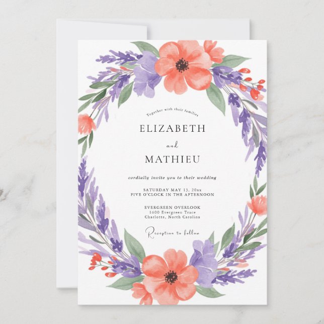 Invitation Mariage Floral Artistique Corail (Devant)