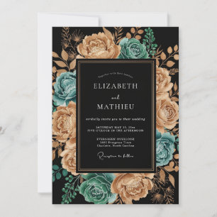 Invitation Mariage Floral Artistique Cuivre Sarcelle