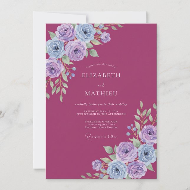 Invitation Mariage Floral Artistique prune (Devant)