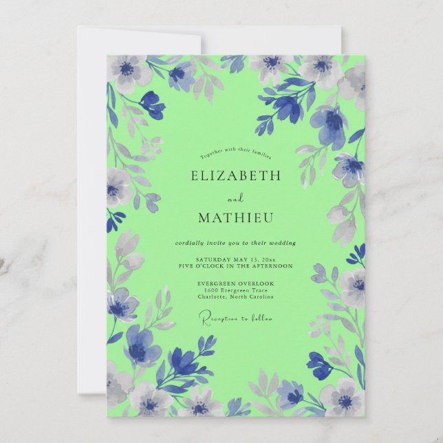 Invitation Mariage Floral Artistique Vert Citron (Devant)