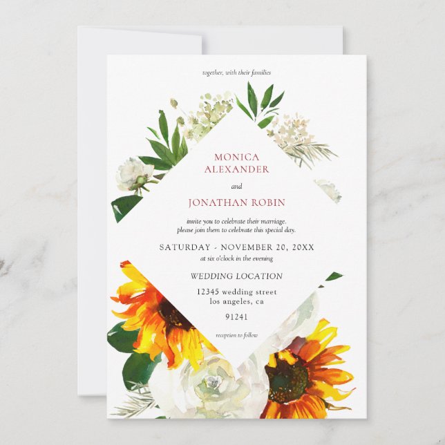 Invitation Mariage floral artsy tournesol et rose blanche (Devant)
