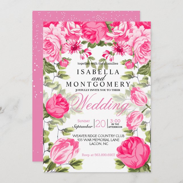 Invitation Mariage floral assez rose botanique (Devant / Derrière)
