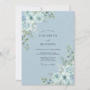 Invitation Mariage Floral Atmosphérique Bleu Poussiéreux