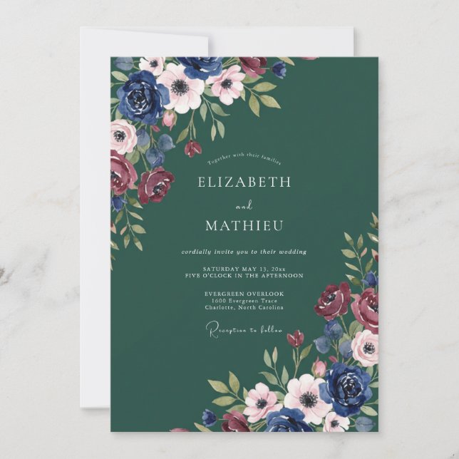 Invitation Mariage Floral Atmosphérique Vert Chasseur (Devant)