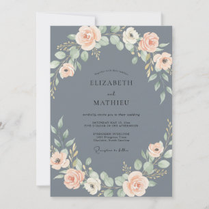 Invitation Mariage Floral au Bleu Poussiéreux et au Blush