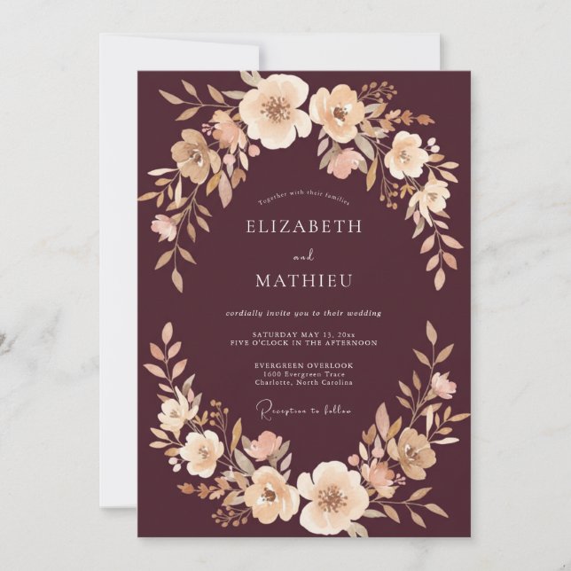 Invitation Mariage Floral au Bourgogne Profond Pêche (Devant)