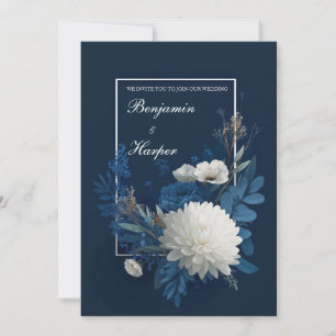 Invitation Mariage Floral au Chrysanthème Blanc Bleu Marine