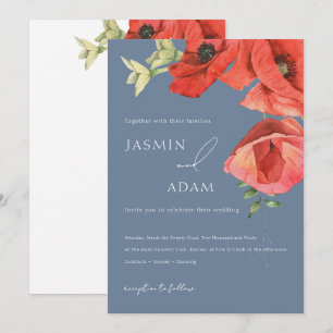 Invitation Mariage Floral au Coquelicot Rouge Bleu Poussiéreu