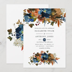Invitation Mariage floral au gingembre et au bleu de marine