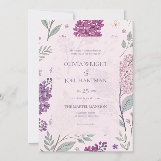 Invitation Mariage Floral au Lilas Rose et Violet Clair  (Devant)