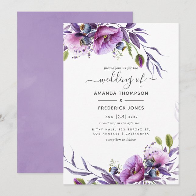 Invitation Mariage floral au pavot violet pourpre (Devant / Derrière)