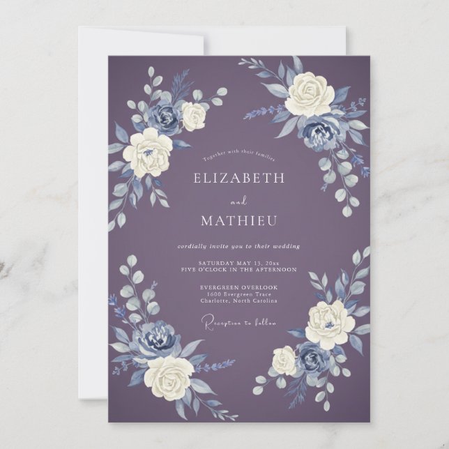 Invitation Mariage Floral au Pinceau Prune (Devant)