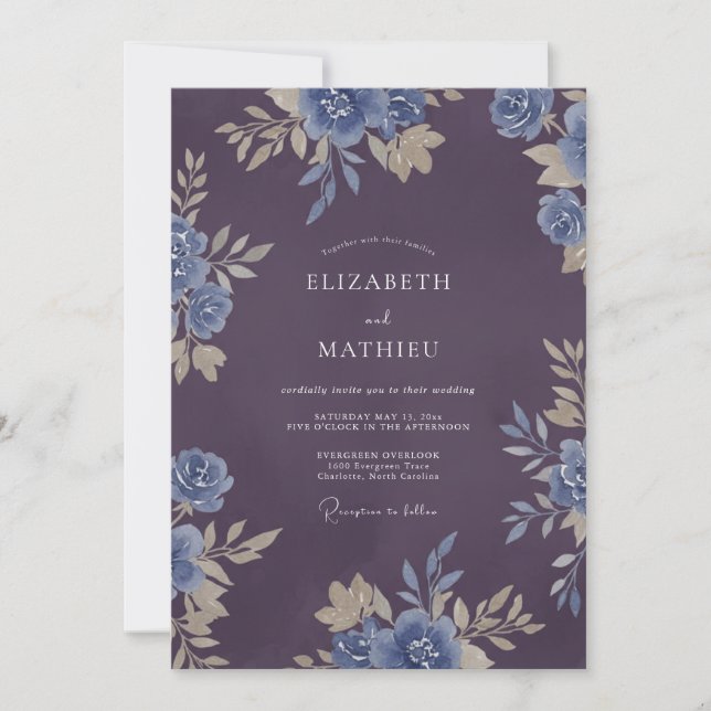 Invitation Mariage Floral au Prune (Devant)