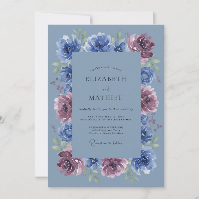 Invitation Mariage Floral au Pruneau Bleu (Devant)