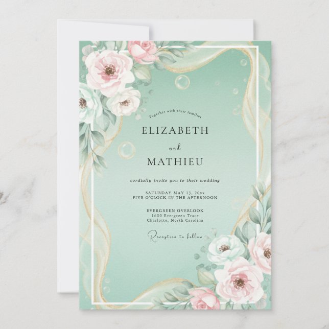Invitation Mariage Floral au Rougissement de Menthe (Devant)