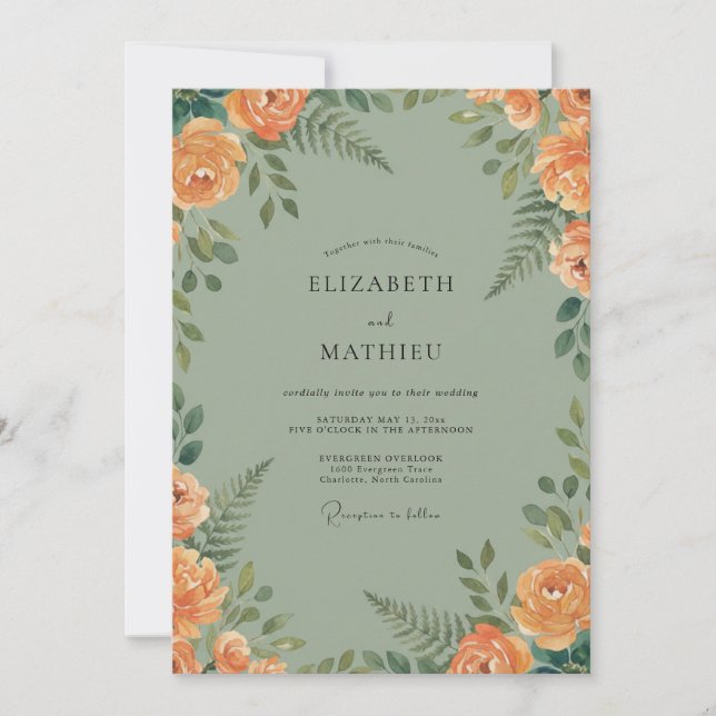 Invitation Mariage Floral au Thème Pêche et Sauge (Devant)