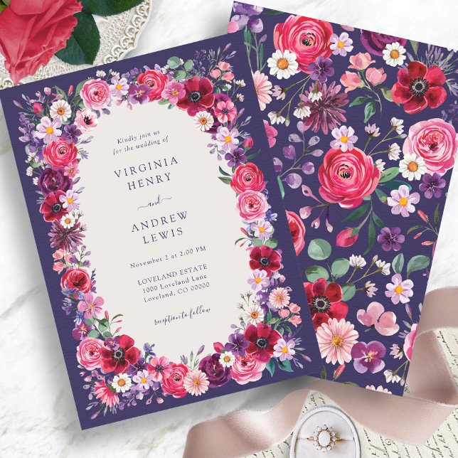 Invitation Mariage Floral Audacieux (Navy Blue Bold Watercolor Floral Wedding Invitation by Painted Paperie
)