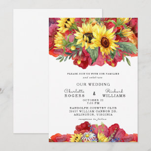 Invitation Mariage Floral Audacieux Jaune Toscane et Rouge Vi