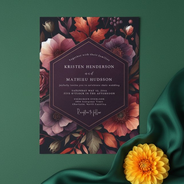 Invitation Mariage Floral Automnal au Prune Profond (Créateur téléchargé)