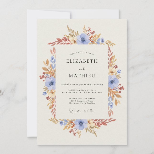 Invitation Mariage Floral Automnal Bleu Ciel (Devant)