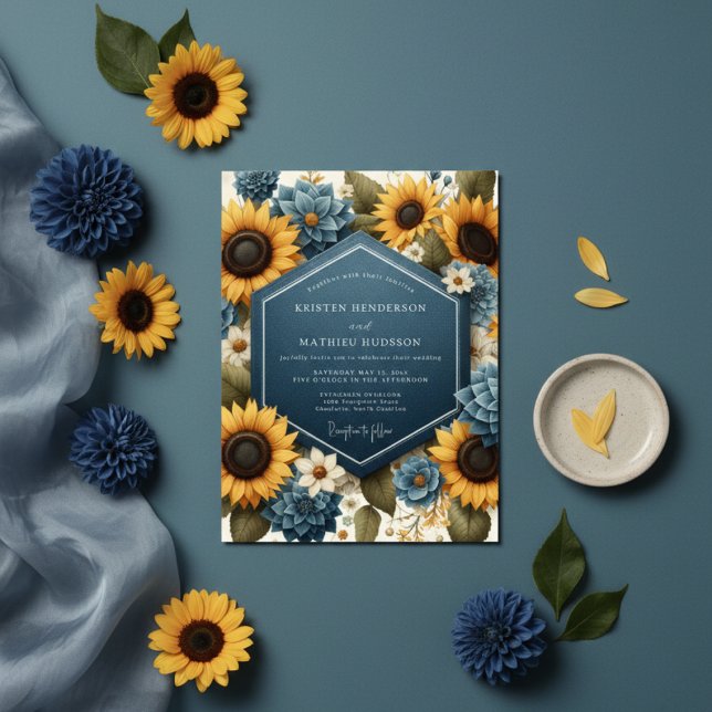 Invitation Mariage Floral Automnal Bleu Jaune (Créateur téléchargé)