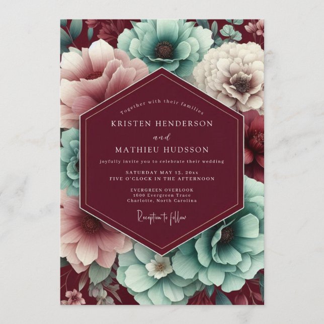 Invitation Mariage Floral Automnal Bordeaux et Sarcelle (Devant)