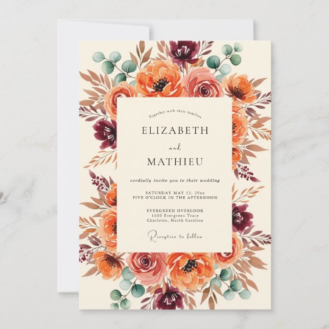 Invitation Mariage Floral Automnal Bourguignon (Devant)
