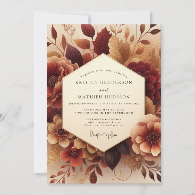Invitation Mariage Floral Automnal Bourguignon (Devant)
