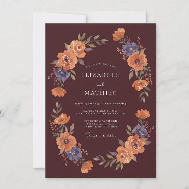 Invitation Mariage Floral Automnal Bourguignon (Devant)