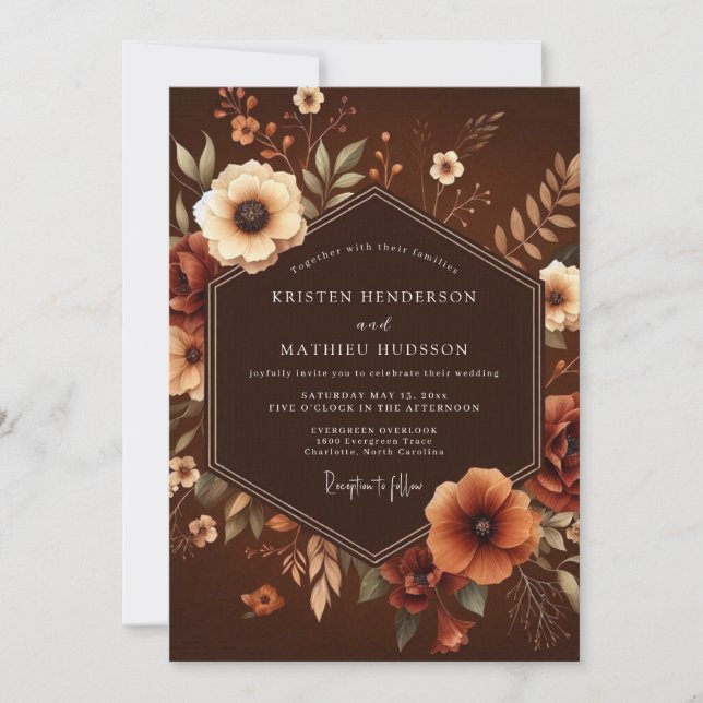 Invitation Mariage Floral Automnal Brun (Devant)
