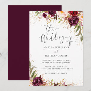 Invitation Mariage Floral Automnal Burgundy Poussière d'Or