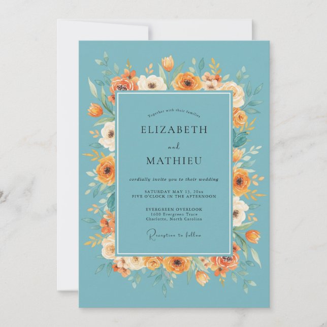 Invitation Mariage Floral Automnal de Teinte Turquoise (Devant)