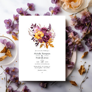 Invitation Mariage Floral Automnal de Vin Rouge et Or