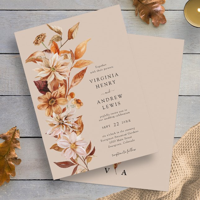 Invitation Mariage Floral Automnal Élégant (Elegant Fall Leaves Floral Wedding Invitation Monogrammed by Painted Paperie
)