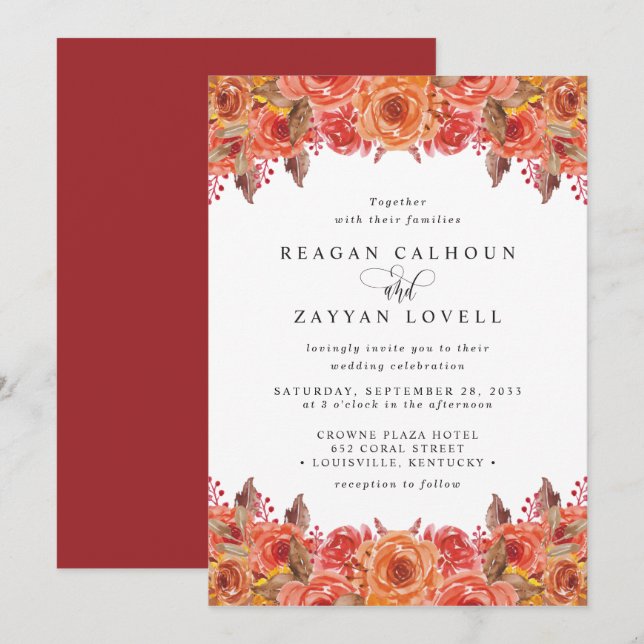 Invitation Mariage Floral Automnal en Terracotta et Bourgogne (Devant / Derrière)