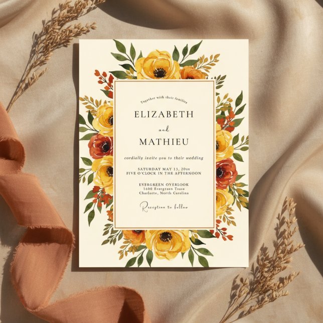 Invitation Mariage Floral Automnal Jaune (Créateur téléchargé)