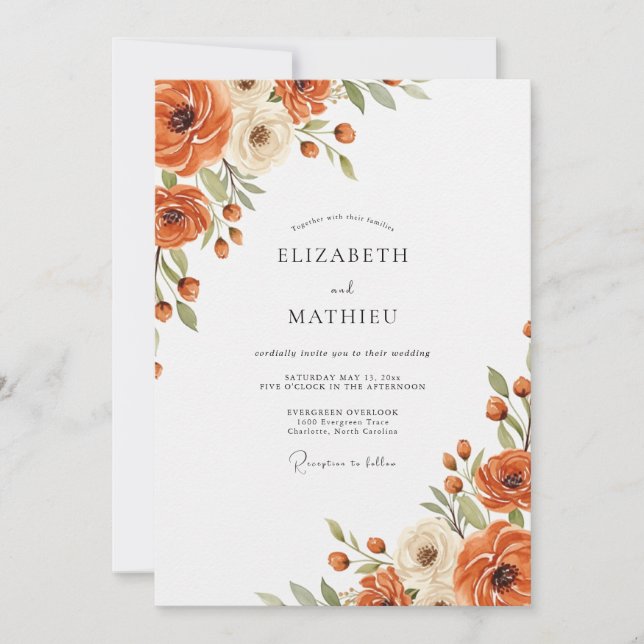 Invitation Mariage Floral Automnal Orange (Devant)