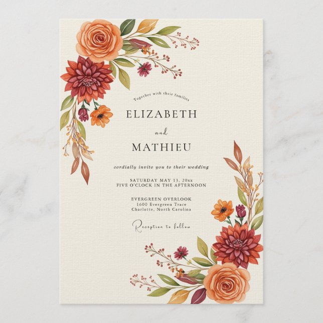 Invitation Mariage Floral Automnal Orange Brûlé (Devant)