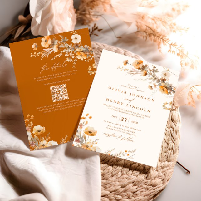 Invitation Mariage Floral Automnal Orange Brûlé (Créateur téléchargé)