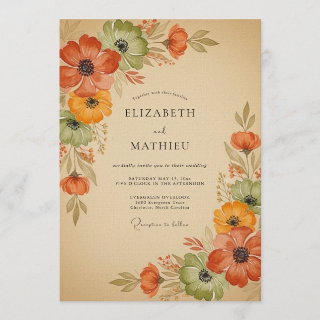 Invitation Mariage Floral Automnal Orange Brûlé (Devant)