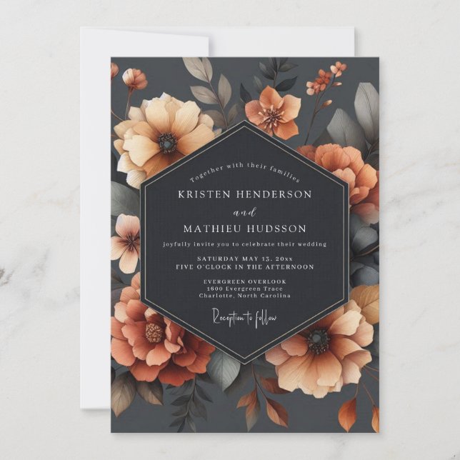 Invitation Mariage Floral Automnal Orange Brûlé (Devant)