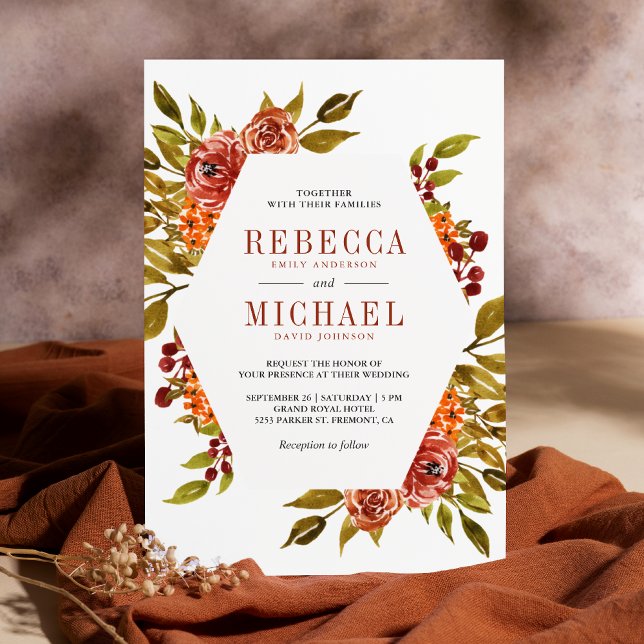 Invitation Mariage Floral Automnal Orange Brûlé Rustique (Créateur téléchargé)