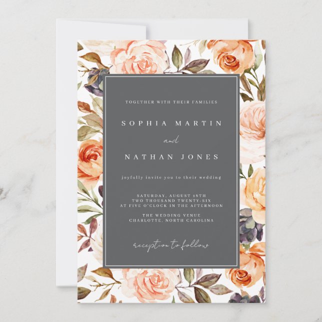Invitation Mariage Floral Automnal Orange Gris Brûlé (Devant)