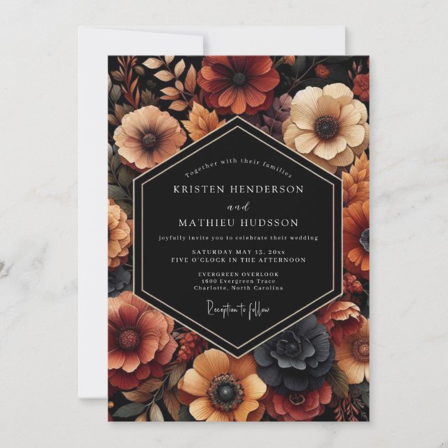 Invitation Mariage Floral Automnal Rouge Profond (Devant)