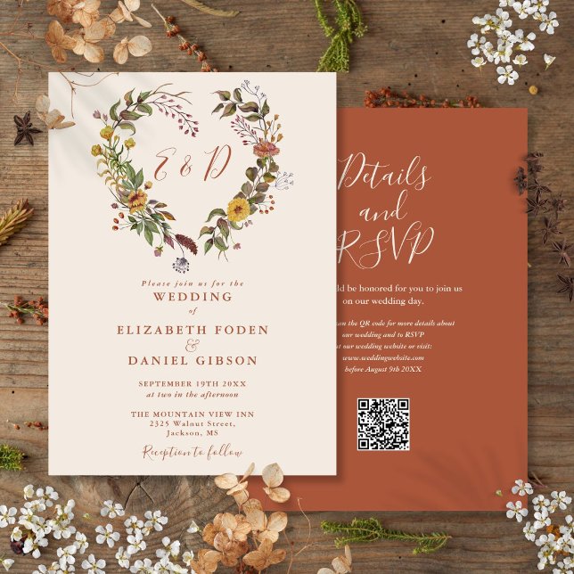 Invitation Mariage Floral Automnal Rustique avec Code QR (Rustic Autumn Fall Floral QR Code Wedding Invitation)